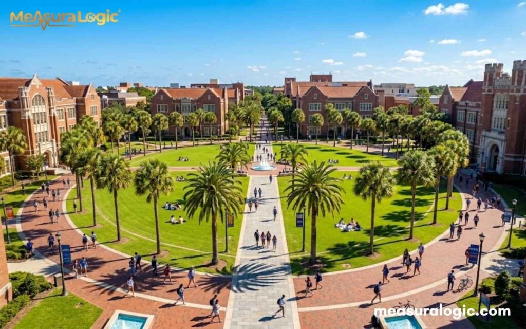 A picture of a Florida university featuring a semicircular lawn and palm trees. Red brick buildings with arched windows and tile roofs.