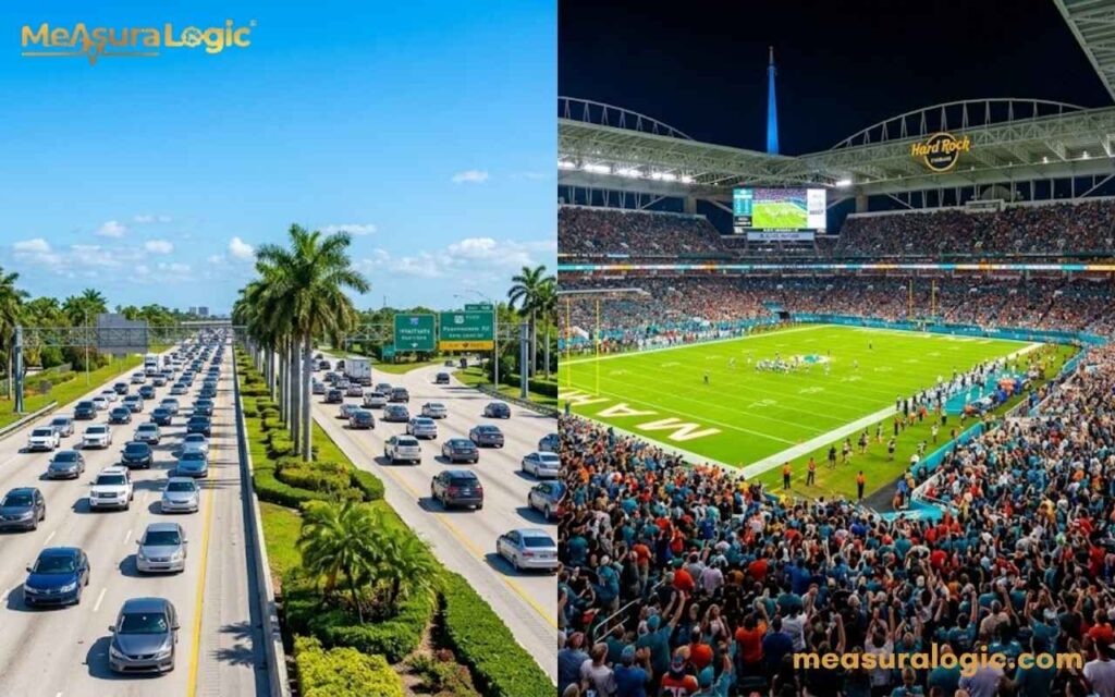 Two panel photograph of Florida shows on the left a view of a busy highway with palm trees, and on the right, a packed outdoor football stadium with a game in progress.