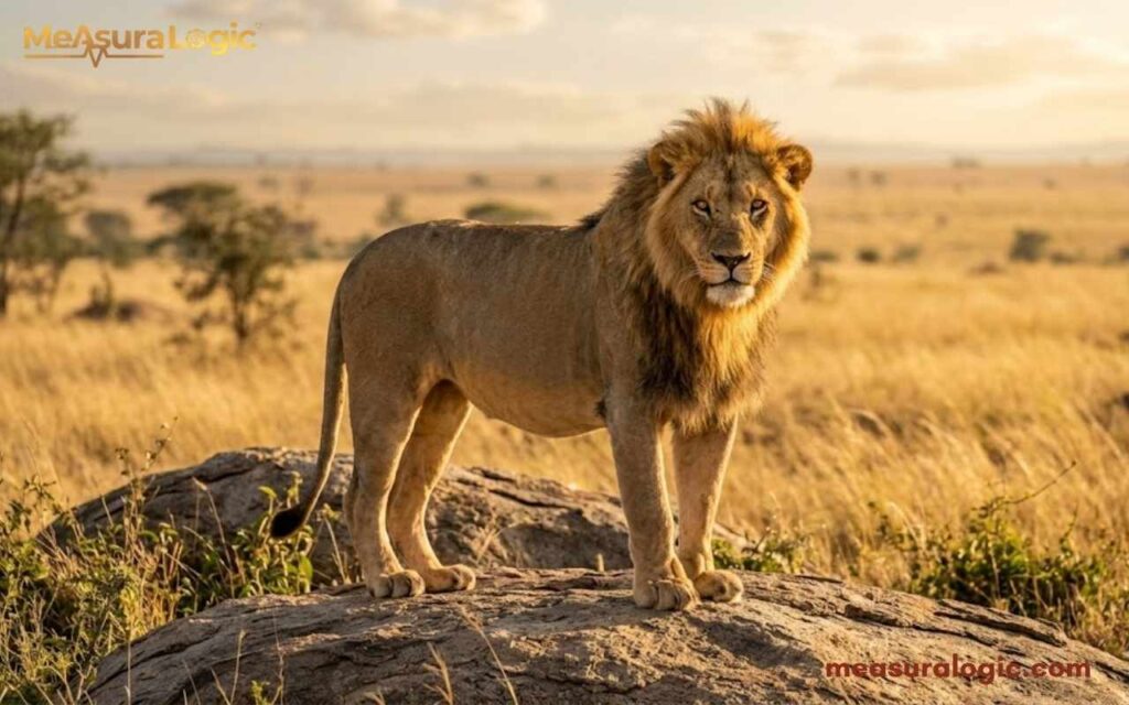 A 100 kilograms male African lion stands atop a rocky outcrop in the savanna. His growing mane catches the golden late afternoon sunlight as his intense amber eyes stare forward.