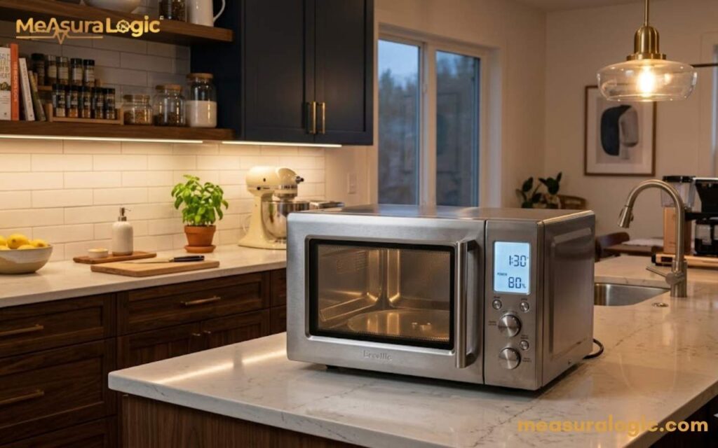 A modern microwave that weigh 10 kilograms sits on a white kitchen shelf near the sink.
