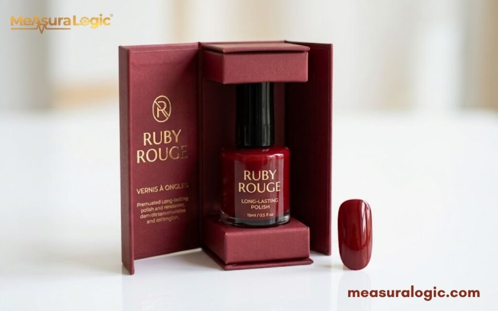 A photograph shows an open red presentation box displaying a single bottle of red nail polish.