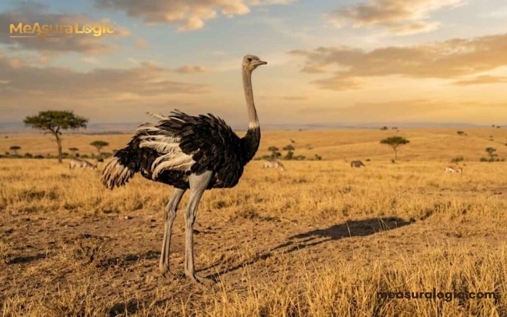 A 100 kilograms male ostrich stands tall on the dry golden African savanna. The late afternoon sun casts a long shadow behind it.
