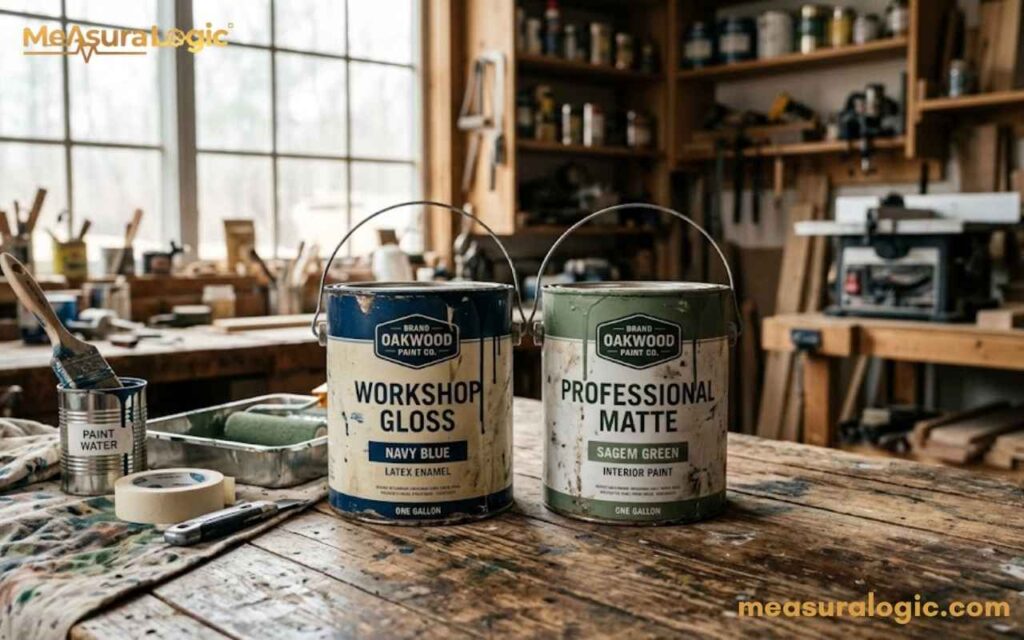 Two paint cans from Oakwood Paint Co. sit on a wooden workbench with various supplies and equipment.