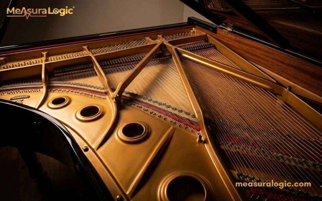 Inside view of a piano showing the gold-painted cast-iron plate, strings, and tuning pins. The lid is open, revealing the internal mechanics.