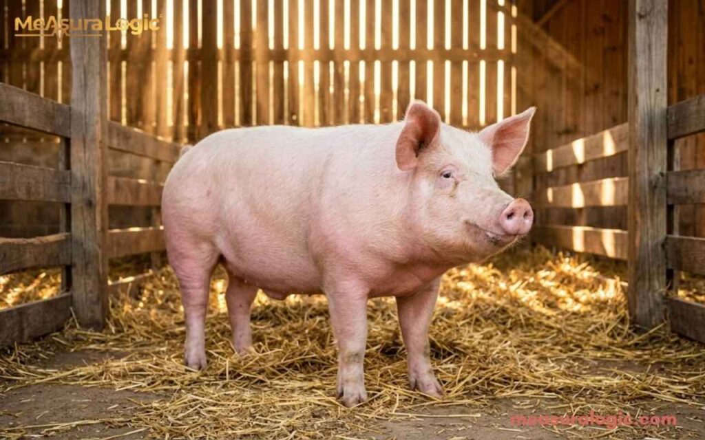 A 100 kilograms pig with pink skin stands in a clean, straw-filled pen. Warm sunlight streams through the wooden barn.