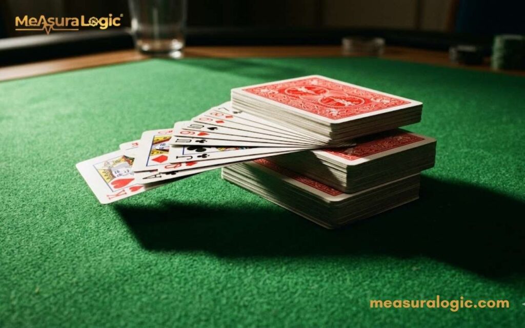 A photograph of playing cards on a green felt table. Two stacked decks support a slightly fanned-out deck.
