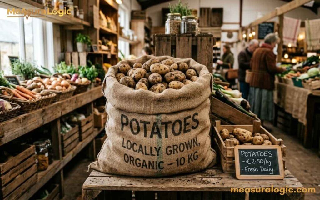 A sack labeled 'Potatoes - Locally Grown, Organic - 10 KG' rests on a wooden shelf in a farm shop.