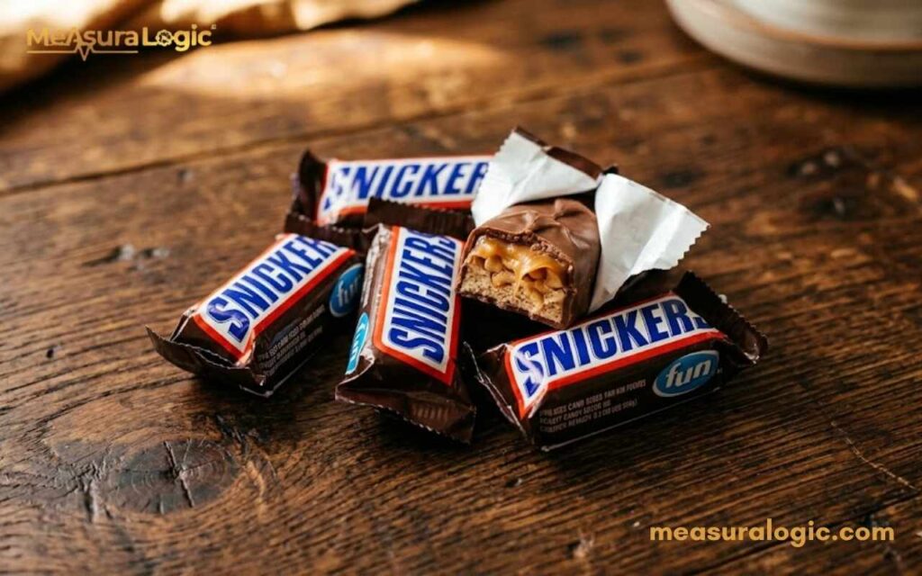 A wooden table holding five Snickers bars, which weigh approximately 10 ounces.. Four are wrapped, and one is unwrapped and broken to reveal its caramel, peanut, and chocolate layers.