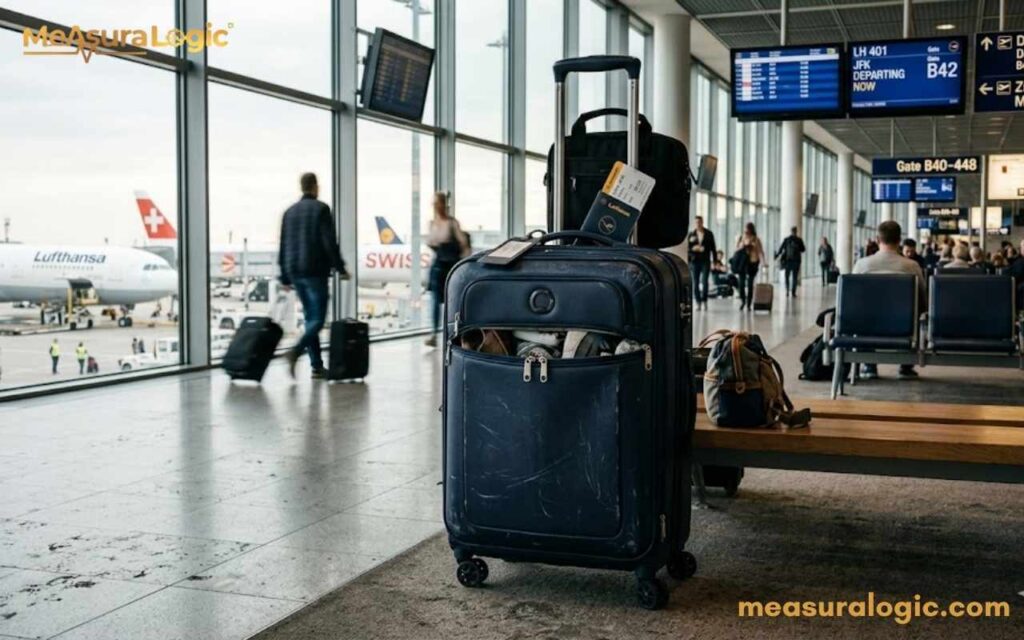 A photograph of a blue suitcase on a rug in an airport terminal, next to a bench.
