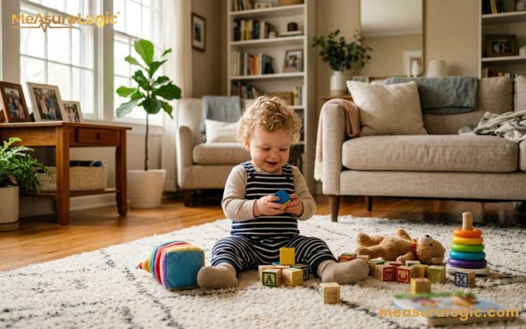 A smiling toddler with curly hair sits on a textured rug, playing with wooden blocks in living room.