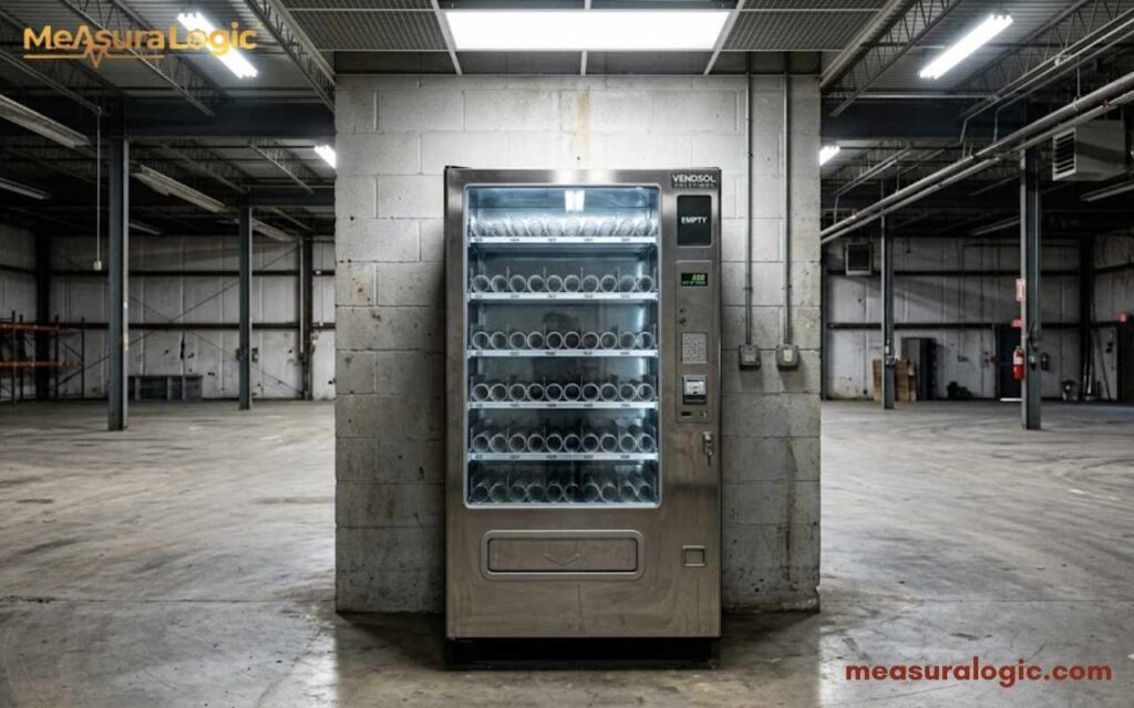 A single empty 100 kilograms stainless steel vending machine standing alone in a warehouse.