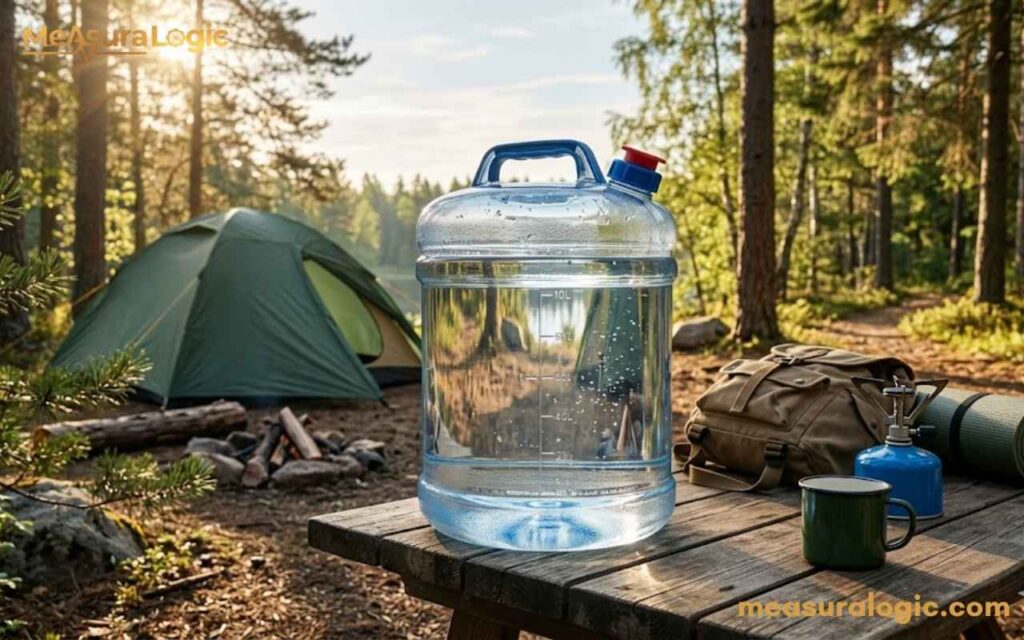 A large water can featuring 10 kilograms rests on a wooden picnic table at a campsite. In the background, there is a tent, a backpack, and camping equipment.