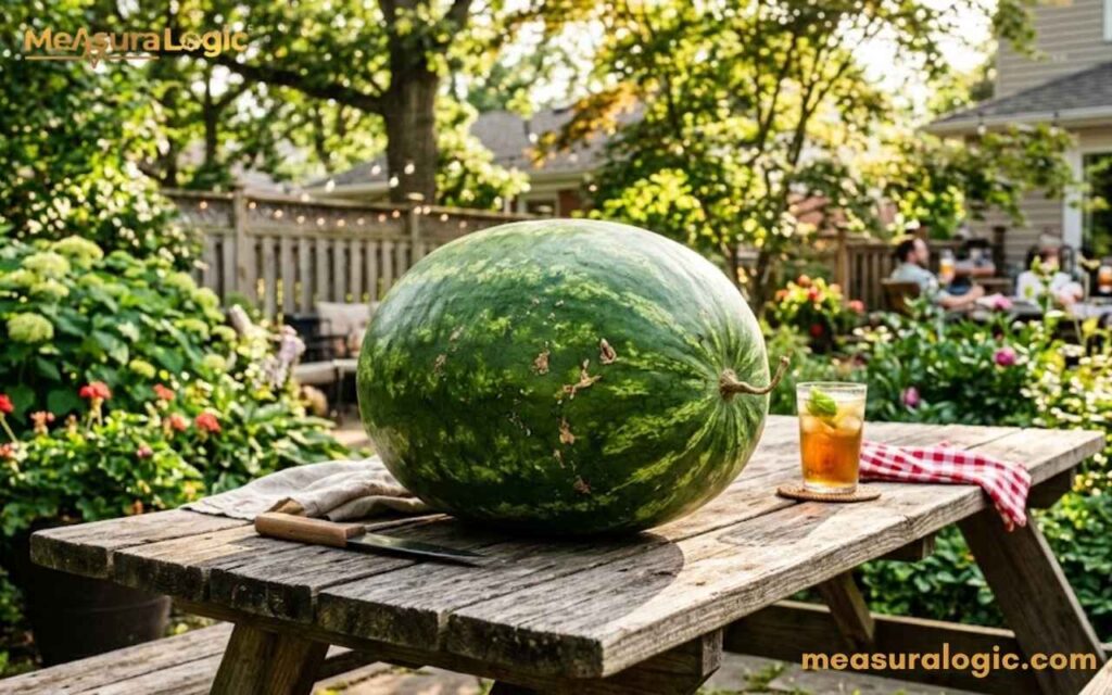 A watermelon that weigh around 10 kilograms sits on a wooden picnic table in a backyard. Beside it are a glass of iced tea, a knife, and a red checkered napkin.