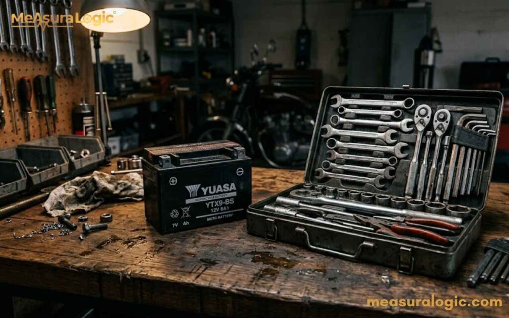 A motorcycle battery and an open metal toolkit sits on a worn wooden garage workbench.