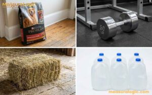 A 4 grid collage showing everyday items that weigh 50 pounds. Includes a bag of dog food, a dumbbell, a hay bale, and six water jugs.
