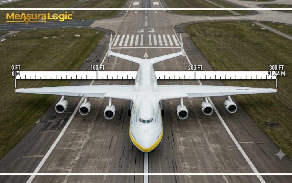 A photo of a giant Antonov cargo plane on a runway. A measuring scale overlay compares 300 feet.