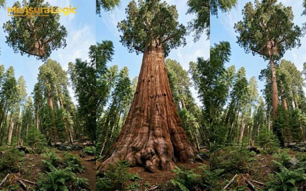 A surreal, three-panel composite photo of massive sequoia trees in an ancient forest.