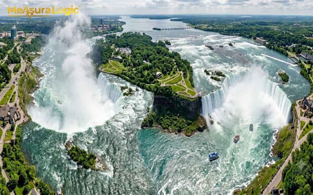 Panoramic aerial view of the Horseshoe and American Falls. Intense mist and tour boats visible in the turquoise river.