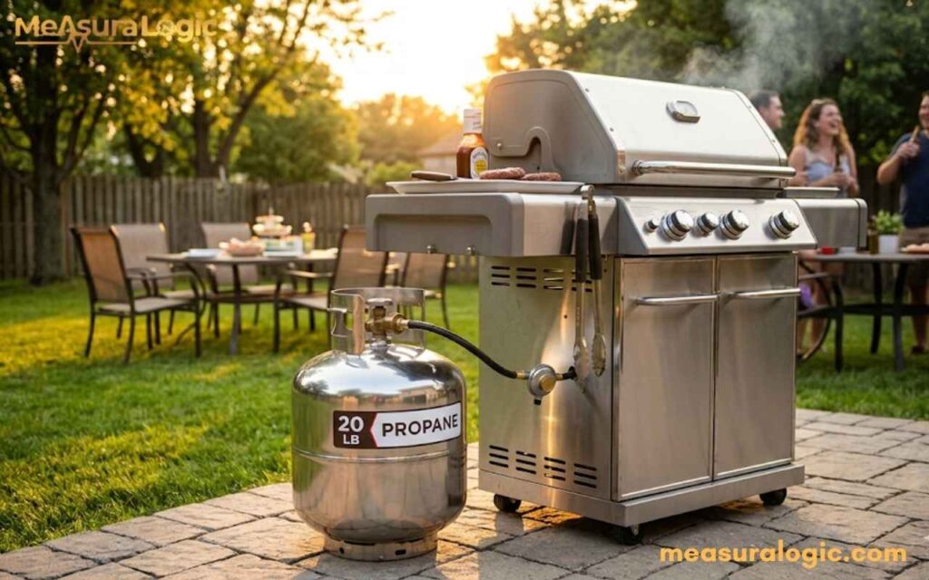 Stainless steel grill with burgers cooking, a 20 LB propane tank, and people at a sunny backyard barbecue.