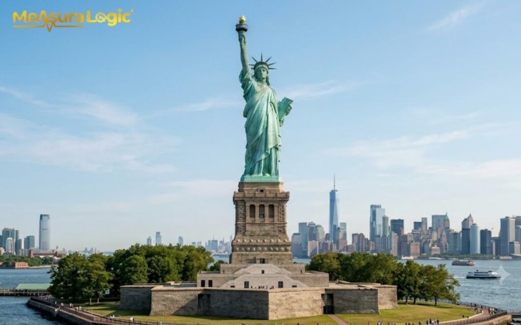 A picture of Statue of Liberty on Liberty Island under a blue sky. Skylines are visible in the background across New York Harbor.
