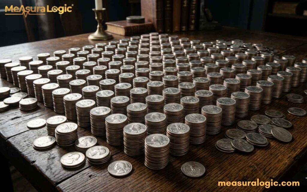 Hundreds of stacked quarters on a rustic wooden table. An antique library background with vintage books and a candlestick.