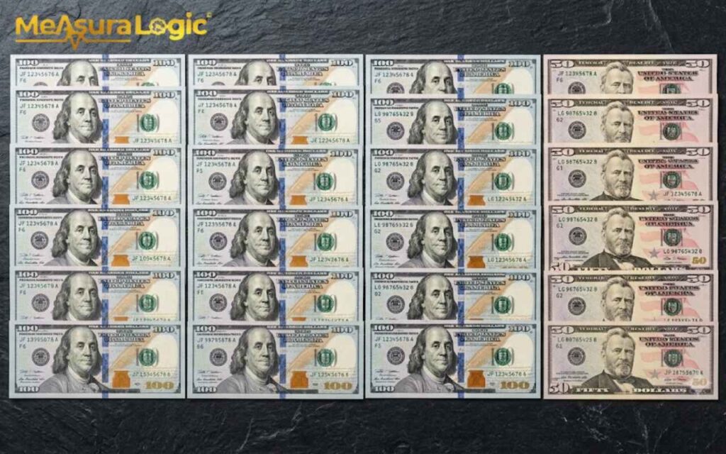 Multiple $100 and $50 US bills are arranged in a grid. The bills are laid neatly on a dark, textured black slate surface.