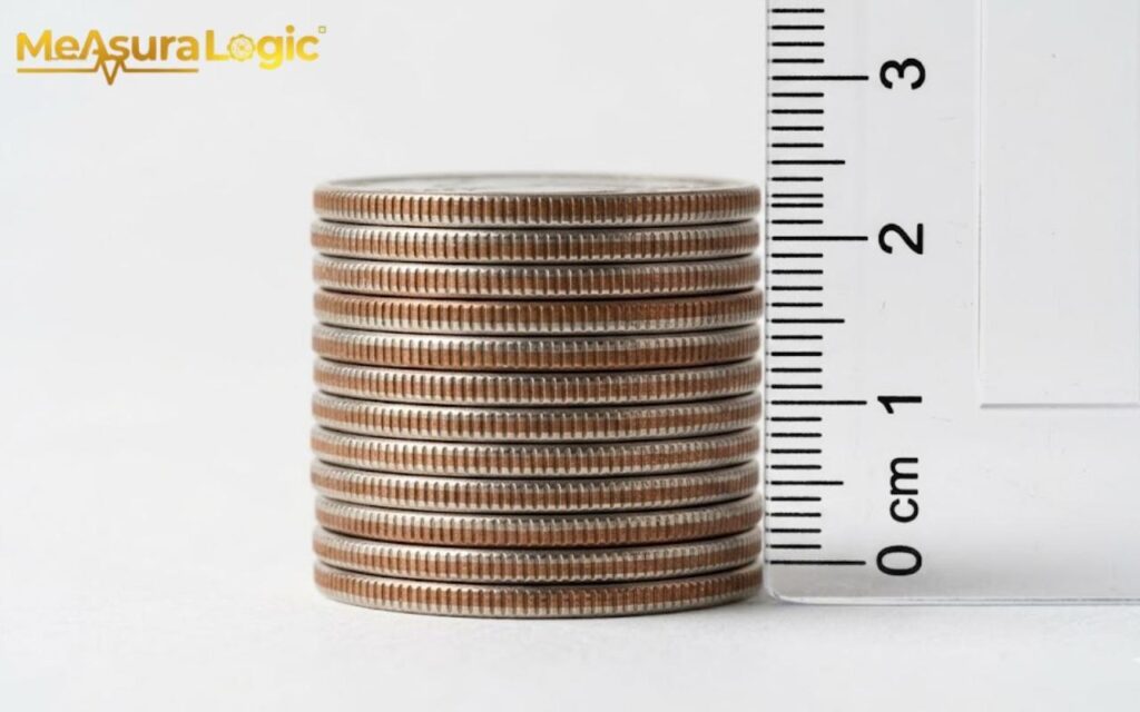 Eleven US quarters stacked next to a clear metric ruler. The stack measures just under 2 centimeters tall.