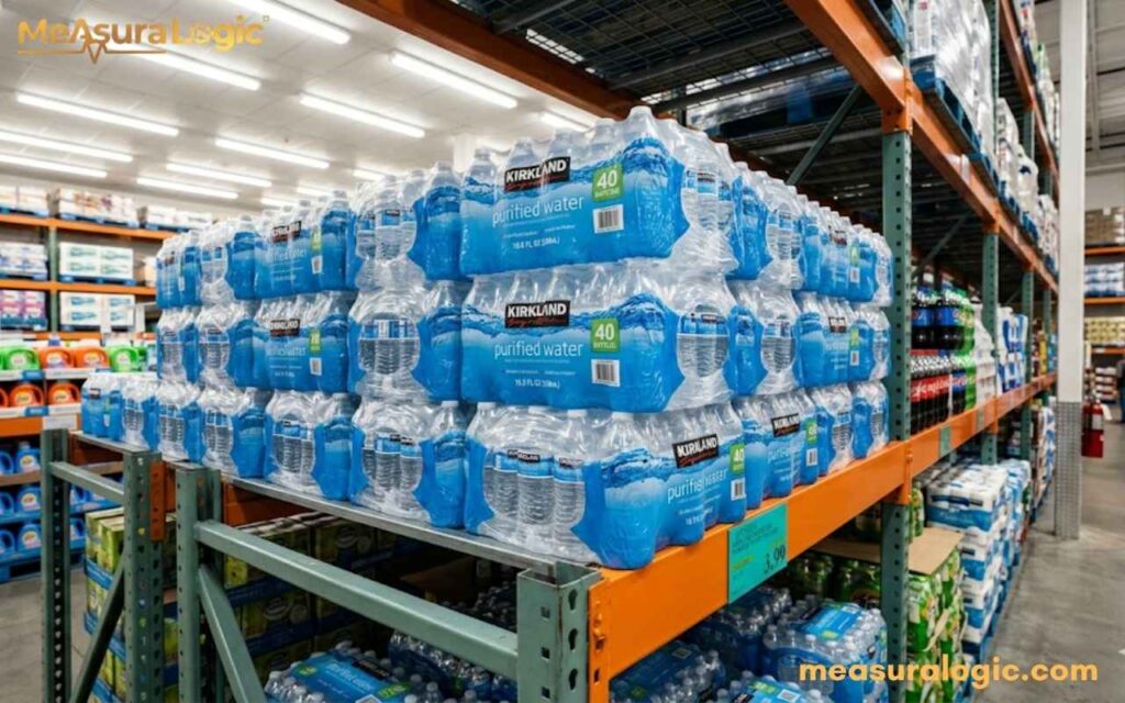Stacks of Kirkland Signature Purified Water 40-packs. On metal shelving inside a bright warehouse store.