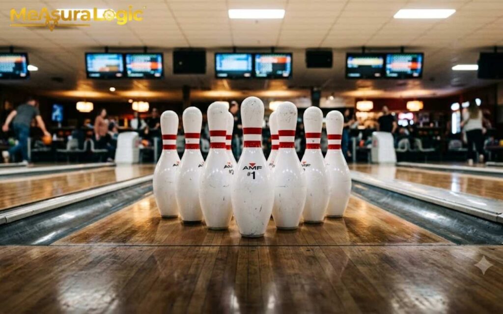 A front view of ten bowling pins standing in a triangular formation on a wooden lane.