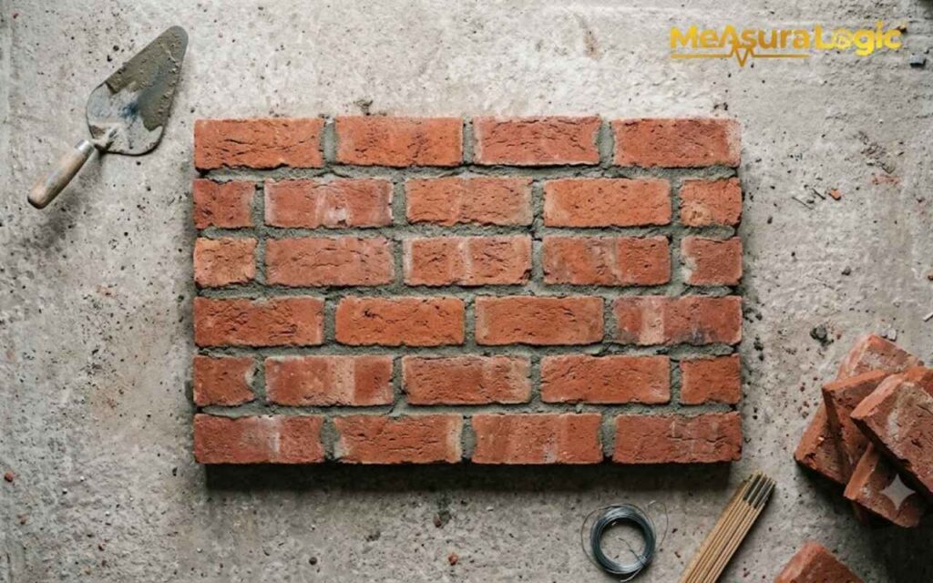 An overhead view of finished red brickwork on concrete. Features a trowel, folding ruler, and loose bricks.