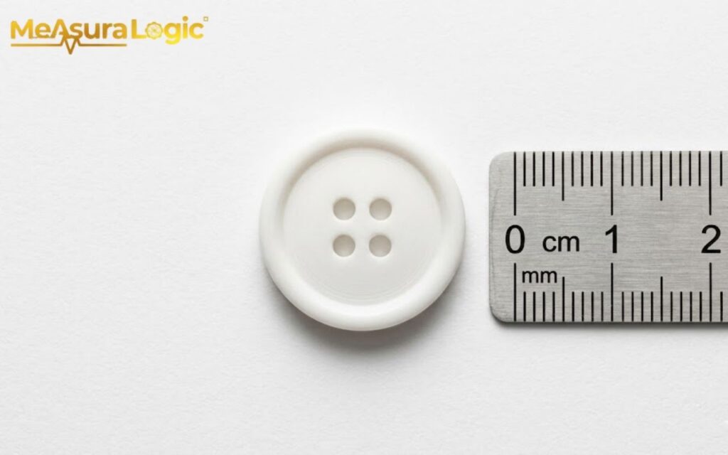 White button next to a metal metric ruler. The button diameter measures approximately 2.2 cm.