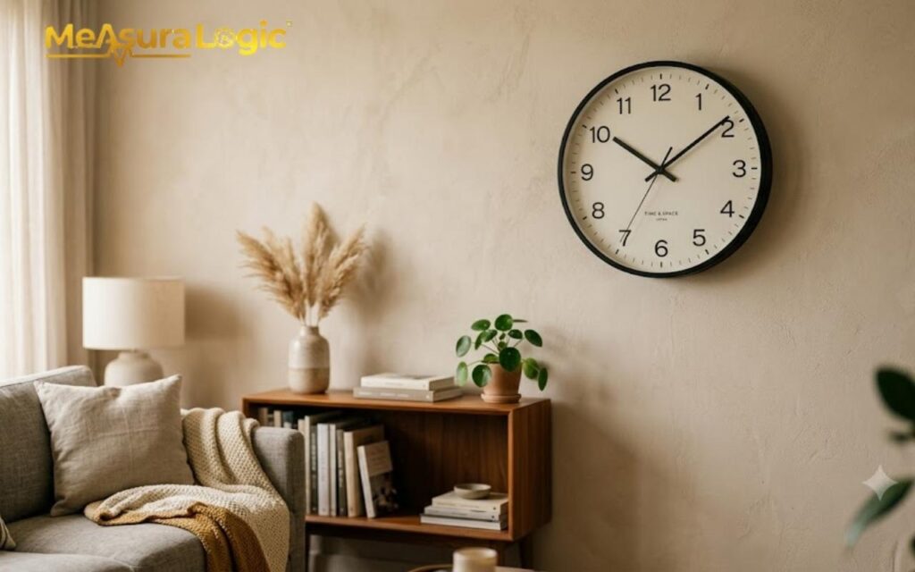 A large 14 inches analog wall clock is centered on a textured beige wall. Below, a wooden console table next to a grey sofa.