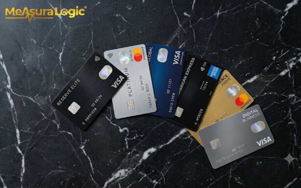 A fanned assortment of premium credit cards from various issuers. They are laid out on a dark surface.