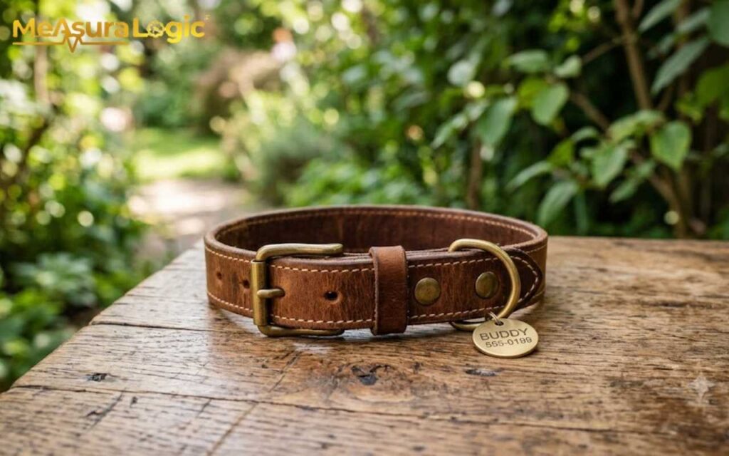 Brown leather dog collar with brass buckle resting on a rustic wooden surface.