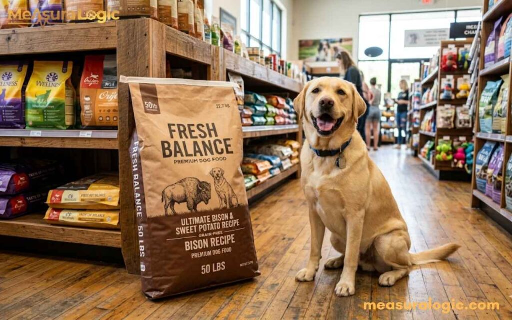 A smiling golden Labrador Retriever sits next to a large 50 pounds bag of "Fresh Balance" dog food. They are in a well-stocked pet store aisle with other products visible on wooden shelves.