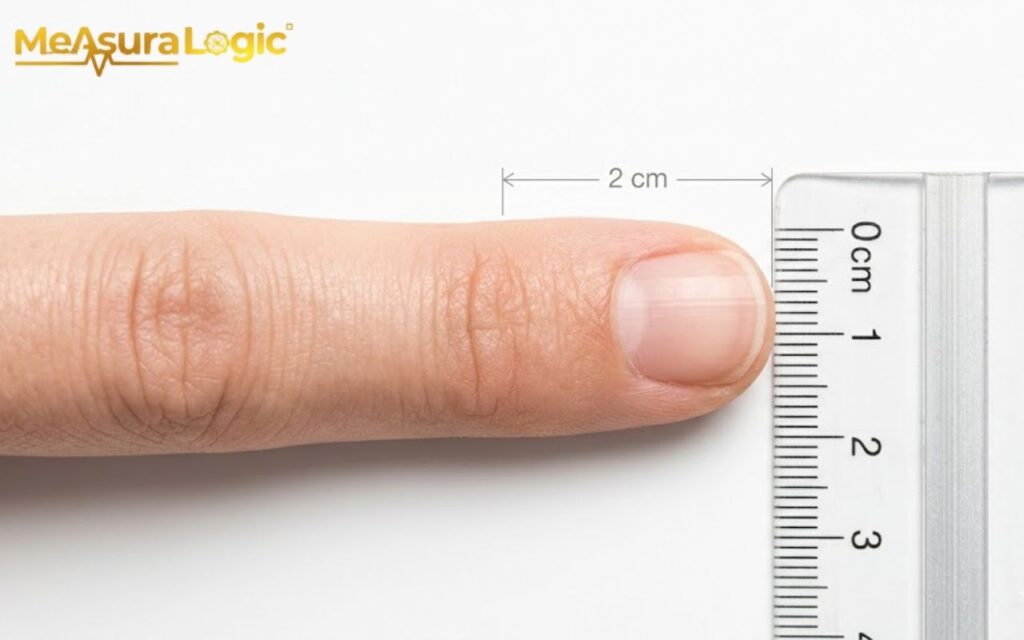 A human finger rests horizontally beside a vertical metric ruler. Measurement arrows and text indicate a distance of 2 centimeters.