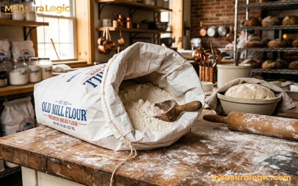Open sack of Old Mill Flour that weighs 50 pounds with a scoop on a floured wooden table. A bowl of dough and rolling pin sit nearby in a rustic bakery.