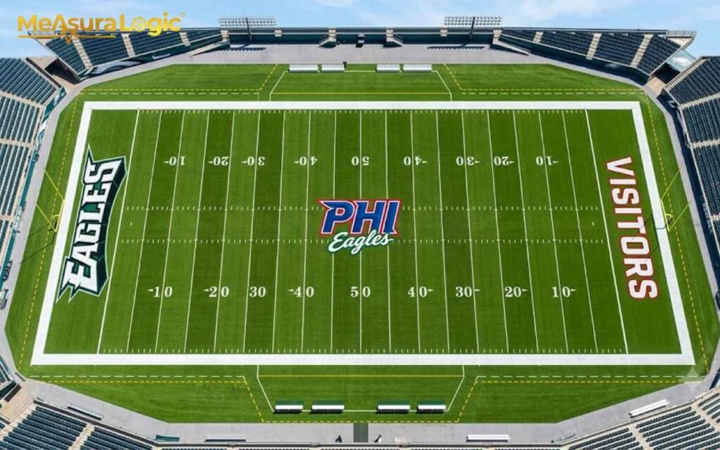 Direct overhead view of an empty football stadium with a green turf field. End zones feature 'EAGLES' and 'VISITORS' text, and a 'PHI Eagles' logo is at midfield.