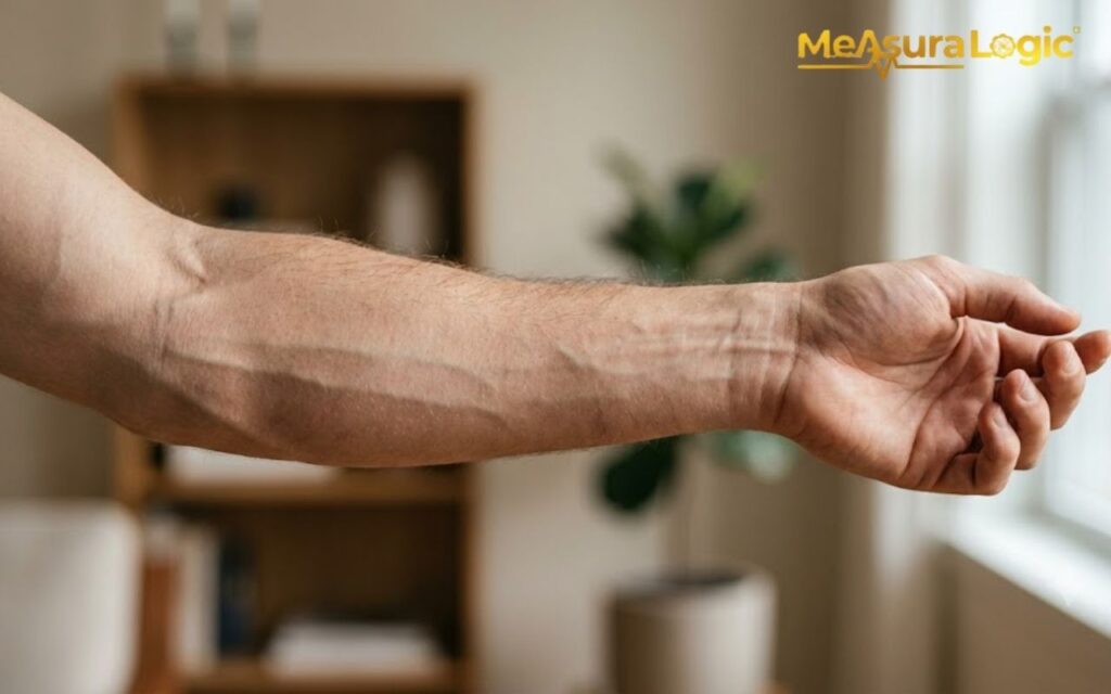 A close up photograph of a highly vascular man’s 14 inches bare arm and open palm.