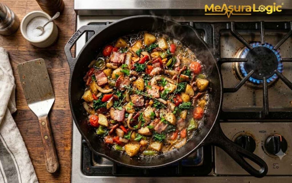A sizzling cast iron skillet filled with potatoes, bacon, and herbs on a gas stove.