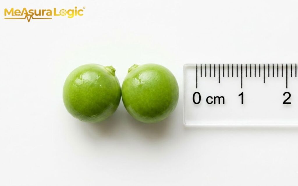 Two round green peas on a white background. Next to a metric ruler showing they measure approximately 2 cm wide.