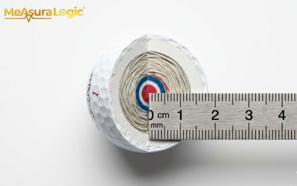A cutaway view of a Titleist golf ball, revealing its colorful, multi-layered concentric core of blue, white, and red. A metal ruler is placed over the center.