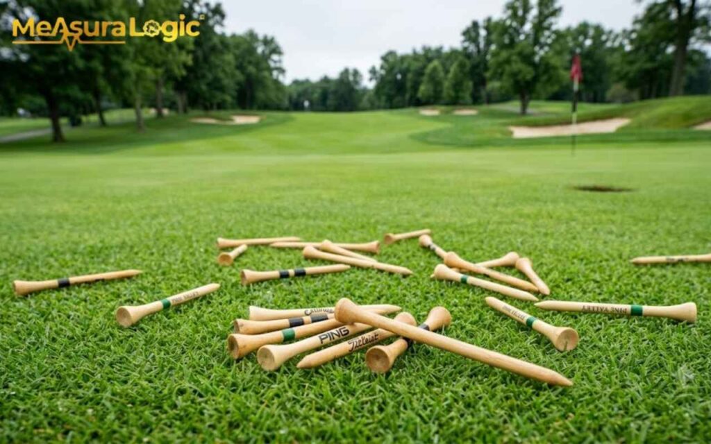 Multiple wooden golf tees are fanned out and scattered across green grass.