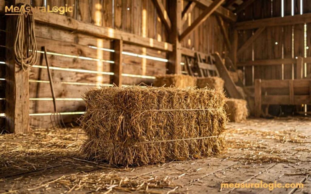A tied hay bale rests on a plank floor inside a sunlit wooden barn. Sunlight filters through the barn walls, highlighting the rustic atmosphere with ropes and tools in the background.
