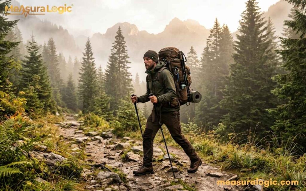A male hiker with a 50 pounds large backpack and poles walks on a rocky trail. He is in a misty mountain pine forest during golden hour morning light.