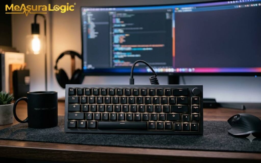 A mechanical keyboard sits on a gray desk mat in a modern workspace.
