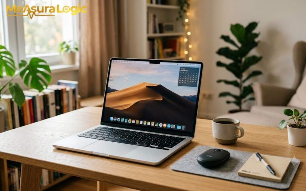 A silver 14 inches laptop sits open on a wooden desk next to a coffee mug and notebook.
