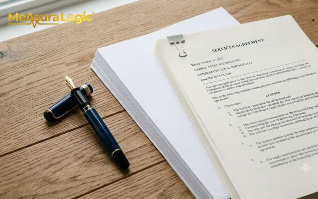 A black and gold fountain pen sits next to a binder clipped stack of legal documents on a wooden desk.
The top document is titled "SERVICES AGREEMENT" and displays dates and legal clauses.