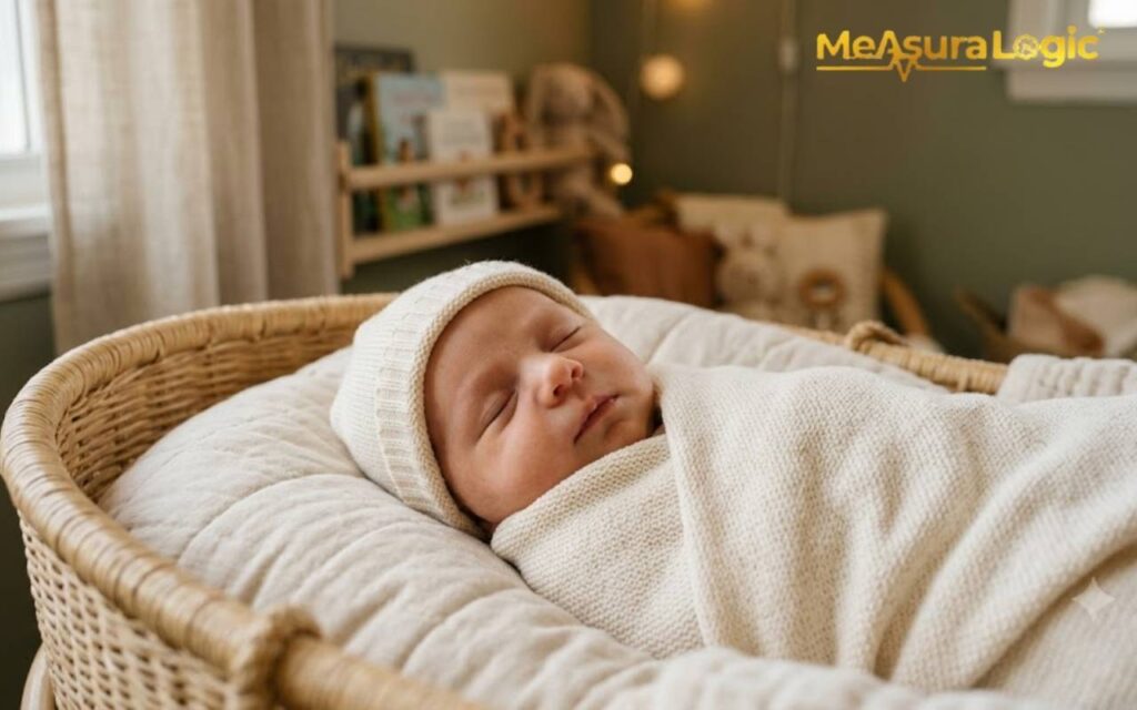 A sleeping newborn baby wearing a knit beanie and wrapped in a swaddle. The baby is resting in a wicker basket.