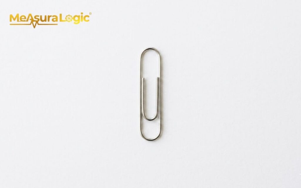 A single silver 1 gram metal paper clip. Centered vertically on a plain white background.
